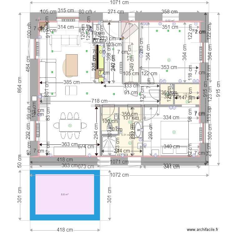 Plan du RdeCh + chambre. Plan de 12 pièces et 29 m2