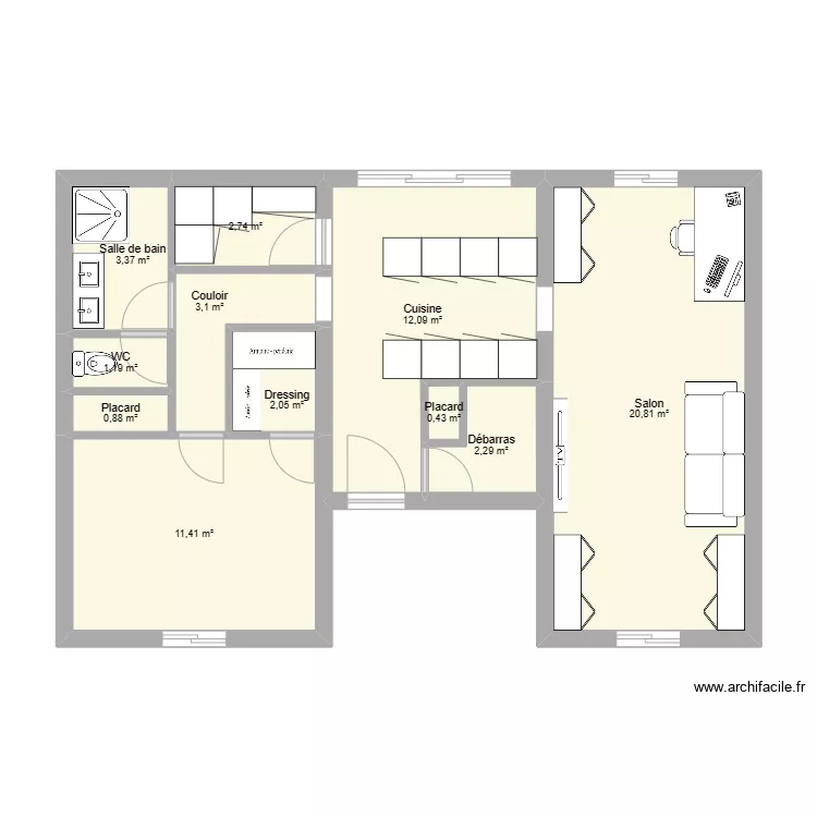 85 m&sup2; - 1 ch. Plan de 