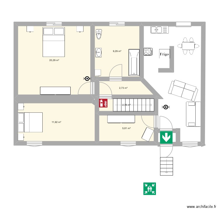 plan 1 er étage. Plan de 6 pièces et 53 m2