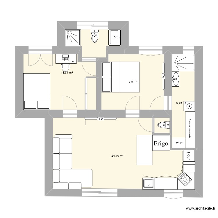 2ème plan. Plan de 4 pièces et 54 m2