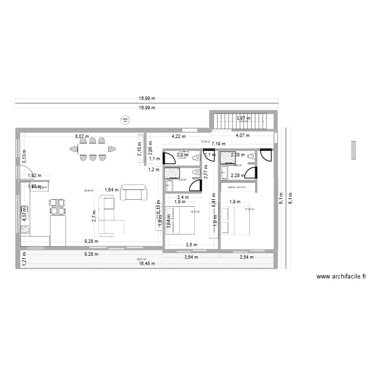 PROGET A 2 CHAMBRES. Plan de 9 pièces et 142 m2