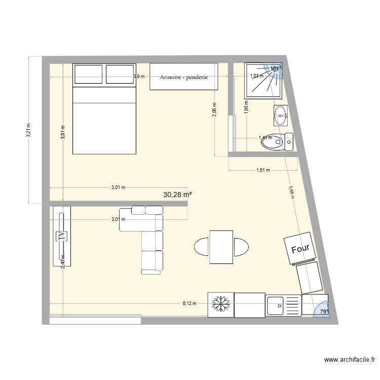 Studio F1-1. Plan de 1 pièce et 30 m2