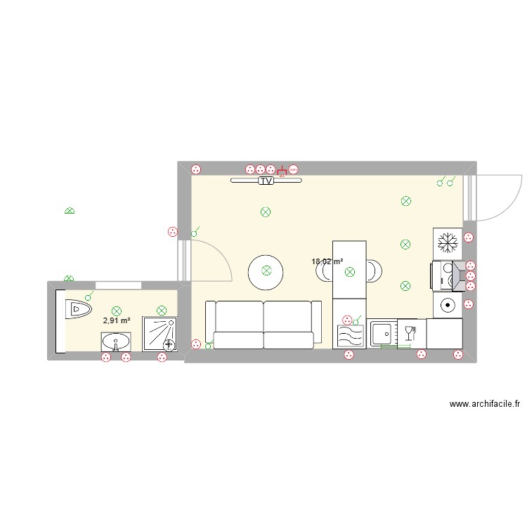 Sonia studio. Plan de 2 pièces et 21 m2