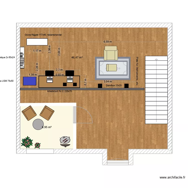 Wohnung Dana - Galerie - gemeinsamer Arbeitsplatz- Variante USM blau. Plan de 2 Pièces et 53 m²