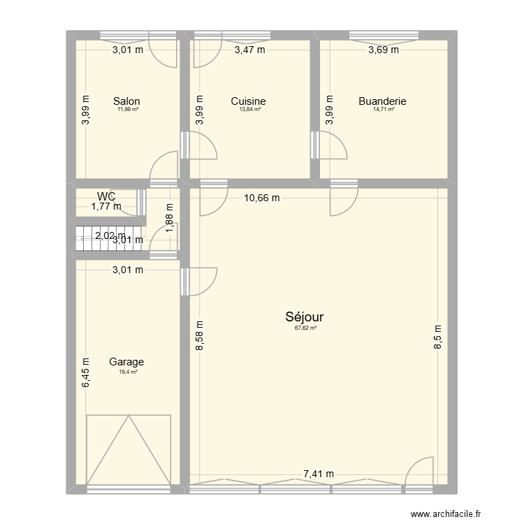 RDC Grand Route. Plan de 5 pièces et 128 m2
