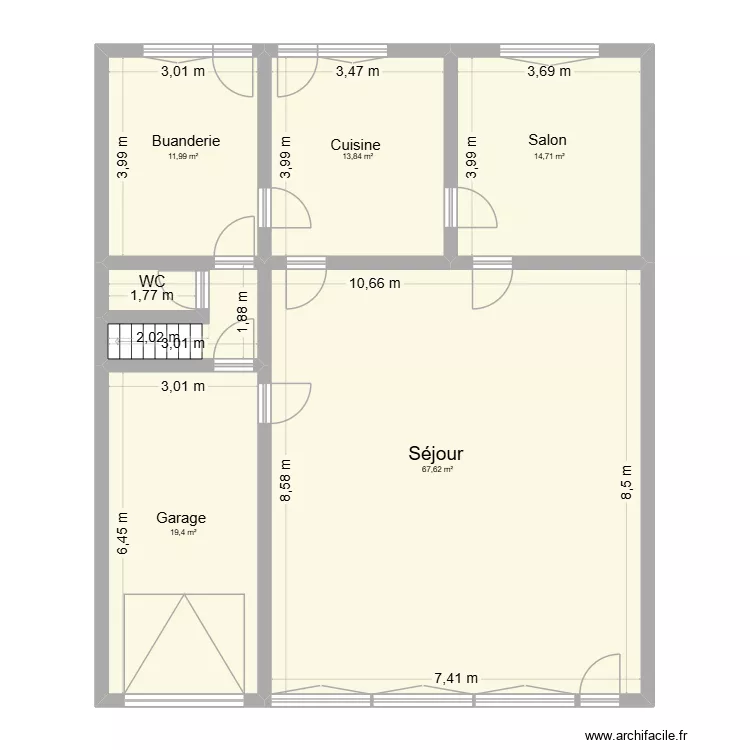 RDC Grand Route. Plan de 5 pièces et 128 m²