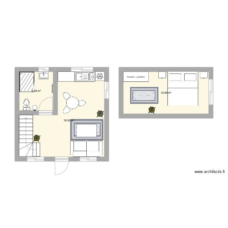 tiny. Plan de 3 pièces et 36 m2