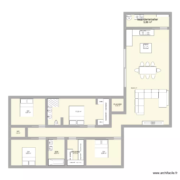 Maison en L. Plan de 10  et 122 m²
