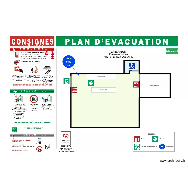 Plan d'&eacute;vacuation La Maison. Plan de 4  et 80 m²