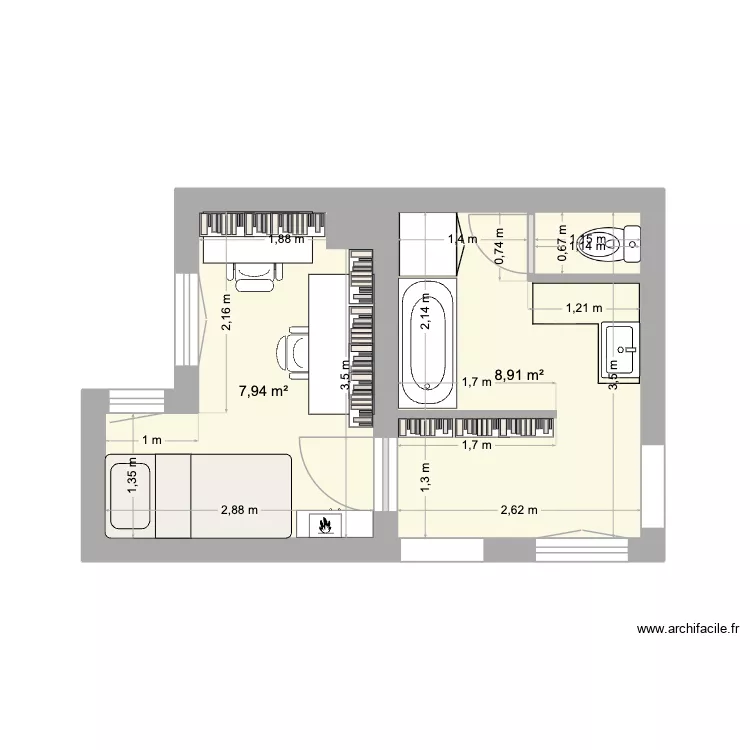 Nouvelle chambre. Plan de 2 Pièces et 17 m²