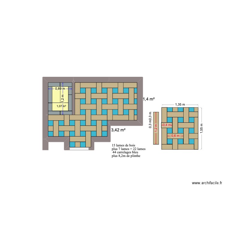 Douche et WC. Plan de 3 pièces et 6 m2