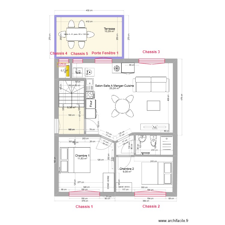 immeuble1 1er/2ème  V4  sol b T3. Plan de 6 pièces et 62 m2