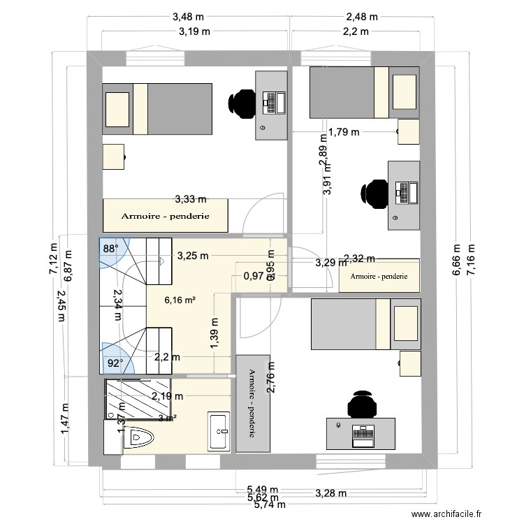 87 GS 1er étage avec douche bis. Plan de 2 pièces et 9 m2