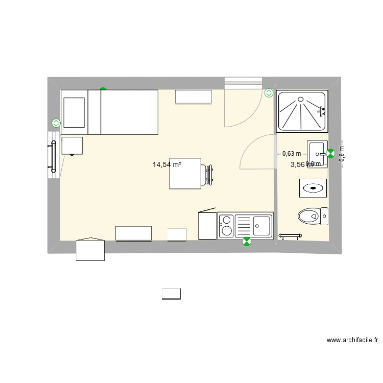 RDC RU2. Plan de 2 pièces et 18 m2