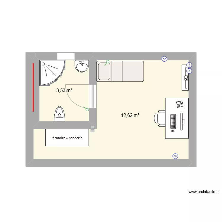 Studio &eacute;tudiant. Plan de 2 Pièces et 16 m²