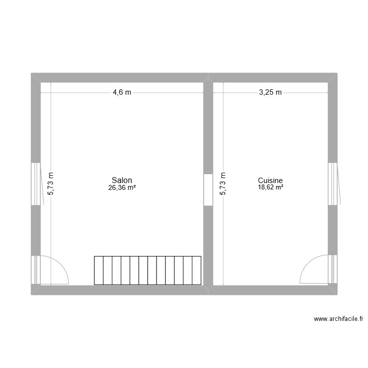 rez de chausee. Plan de 2 pièces et 45 m2