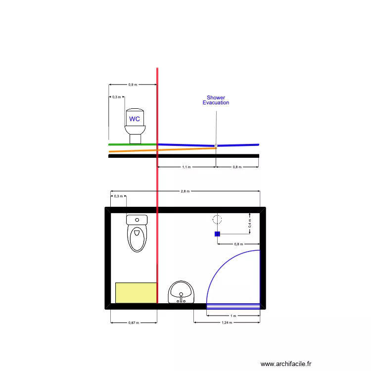 Sol douche PE. Plan de 1  et 5 m²