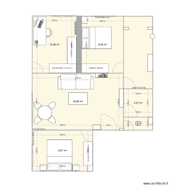 PLAN avec MEUBLES. Plan de 7 pièces et 63 m2