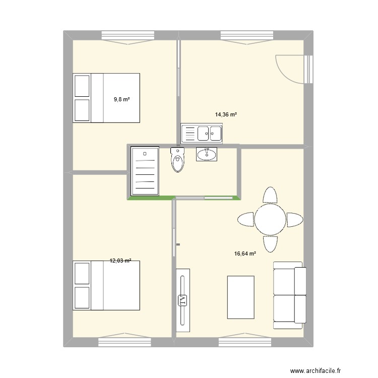 appart etage. Plan de 4 pièces et 53 m2