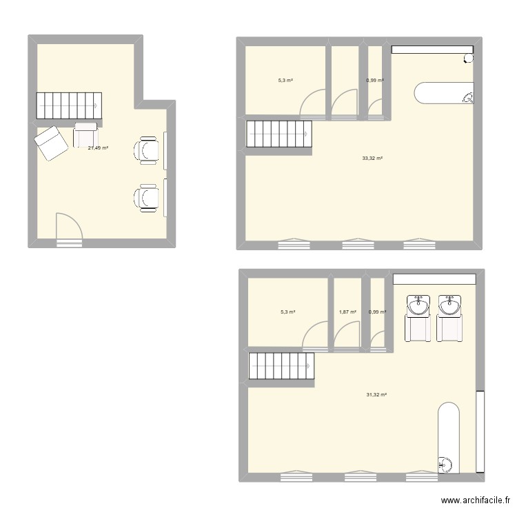 salon coiffure. Plan de 8 pièces et 101 m2