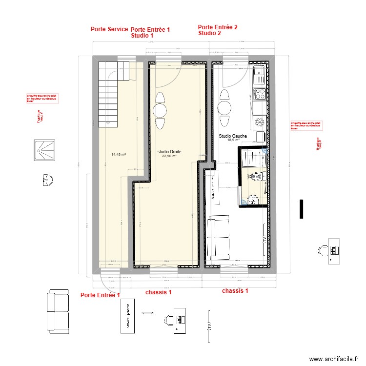immeuble 1 RDC V2-c 2 studios. Plan de 3 pièces et 61 m2