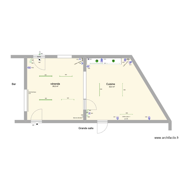 Cercle véranda_Cuisine. Plan de 2 pièces et 62 m2