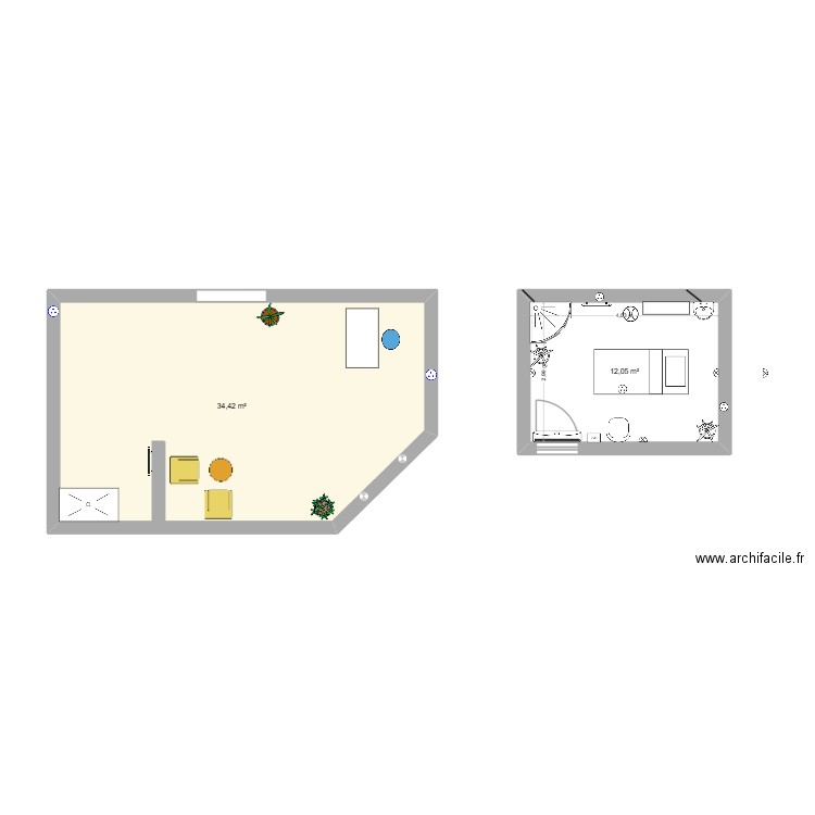 Cabine thème nature. Plan de 2 pièces et 46 m2