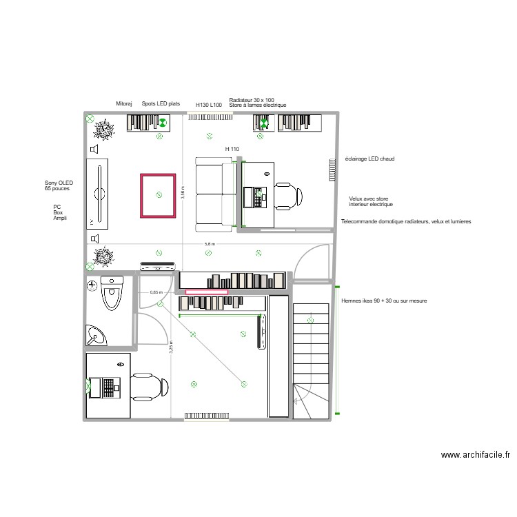 2 bureaux meubles existants bibli encastrée. Plan de 3 pièces et 37 m2