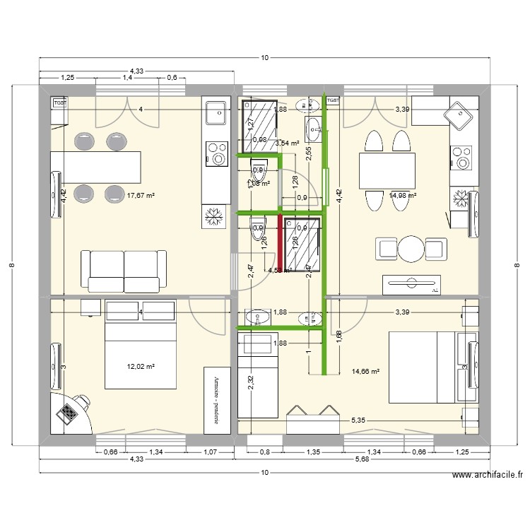 Rdc  2ème version. Plan de 7 pièces et 68 m2