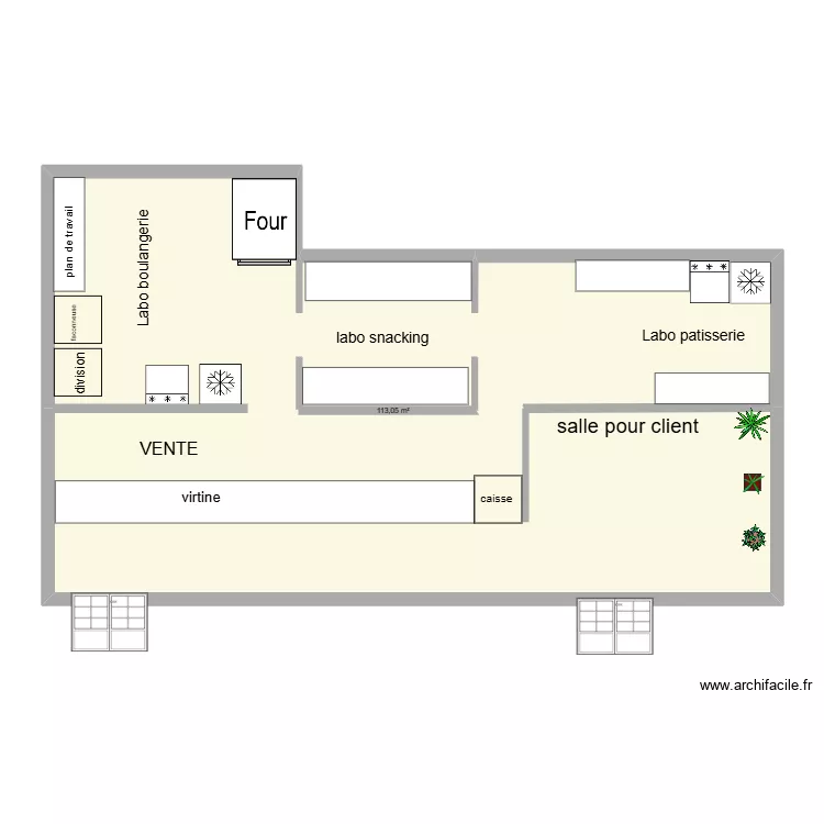 3 levains. Plan de 1  et 113 m²