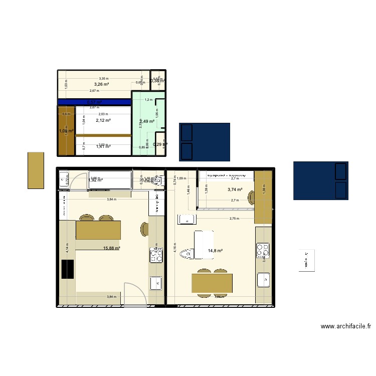 aqueduc principe. Plan de 13 pièces et 49 m2