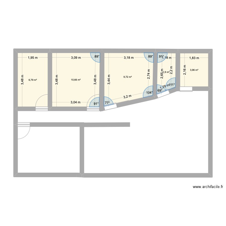 plan avec couloir. Plan de 5 pièces et 34 m2