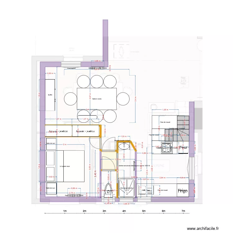 plan version dim 26/04  SDB cuisine chambre SaM  Douche 85 et dimensions reelles Plan initial avec details. Plan de 2  et 2 m²
