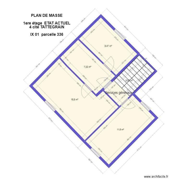 TATTEGRAIN plan de masse 1er étage  ETAT ACTUEL. Plan de 5 pièces et 50 m2