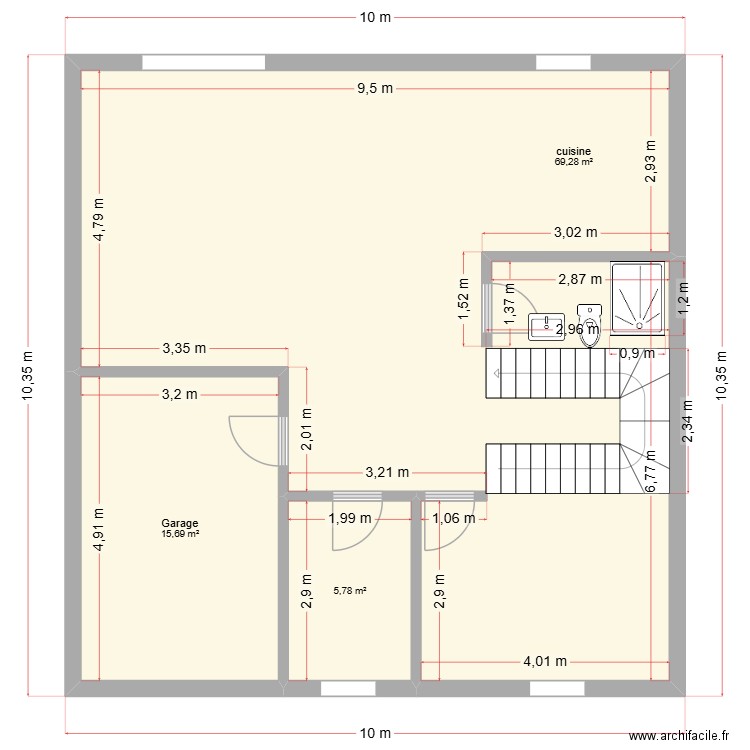 Sous Sol 1. Plan de 3 pièces et 91 m2