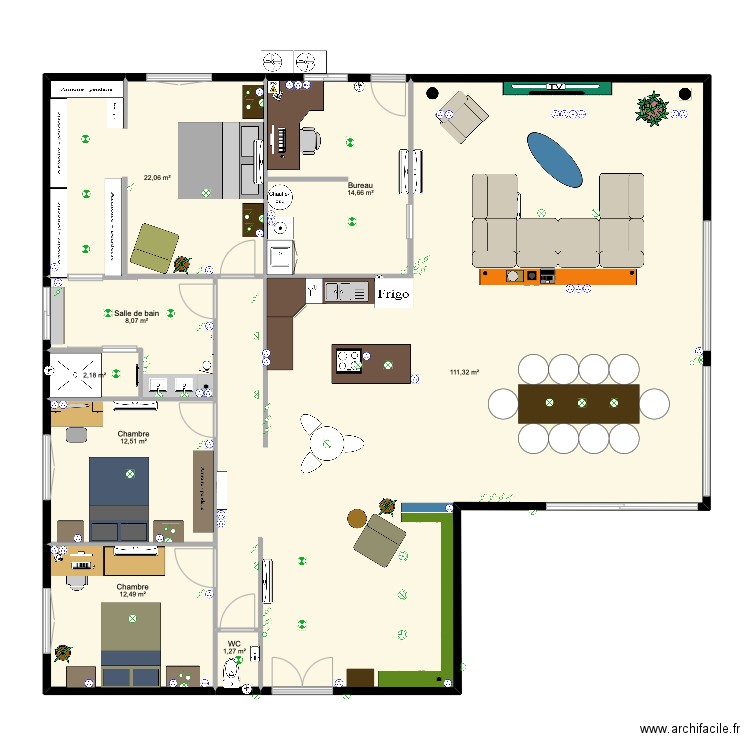 avec table cuisine. Plan de 8 pièces et 185 m2