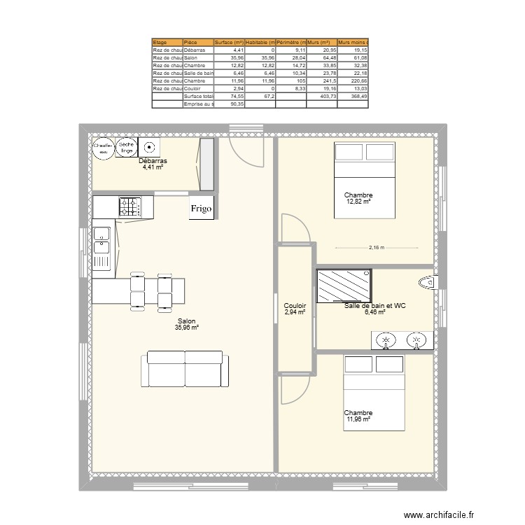 arca surf. Plan de 6 pièces et 75 m2