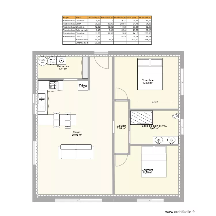 arca surf. Plan de 6 pièces et 75 m²