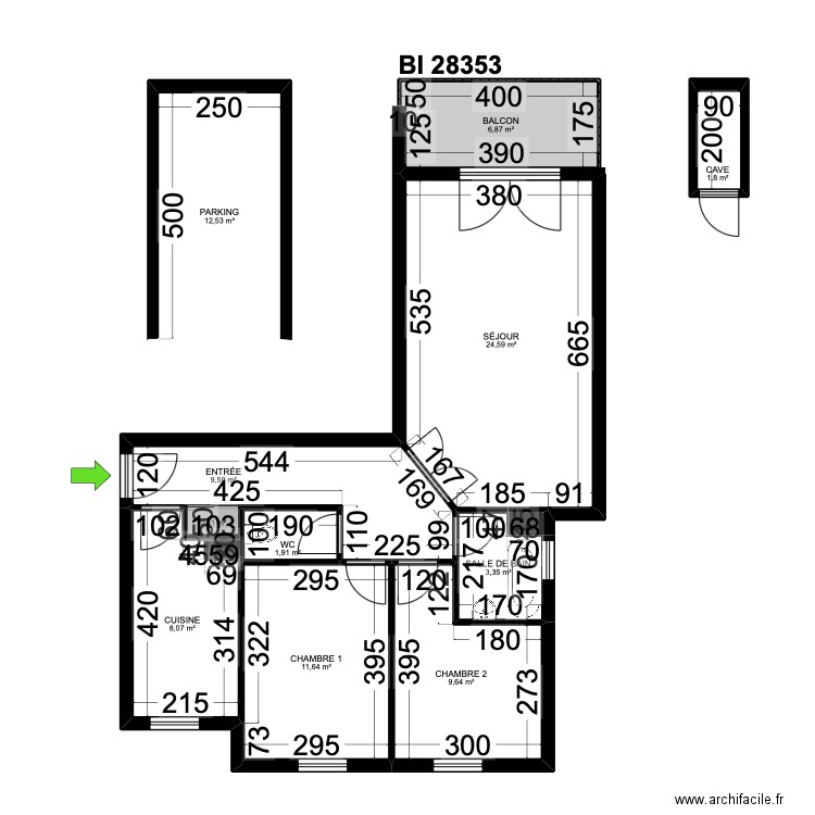 BI 28353. Plan de 13 pièces et 91 m2