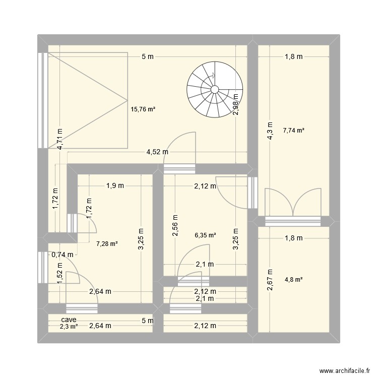 rdc. Plan de 6 pièces et 44 m2