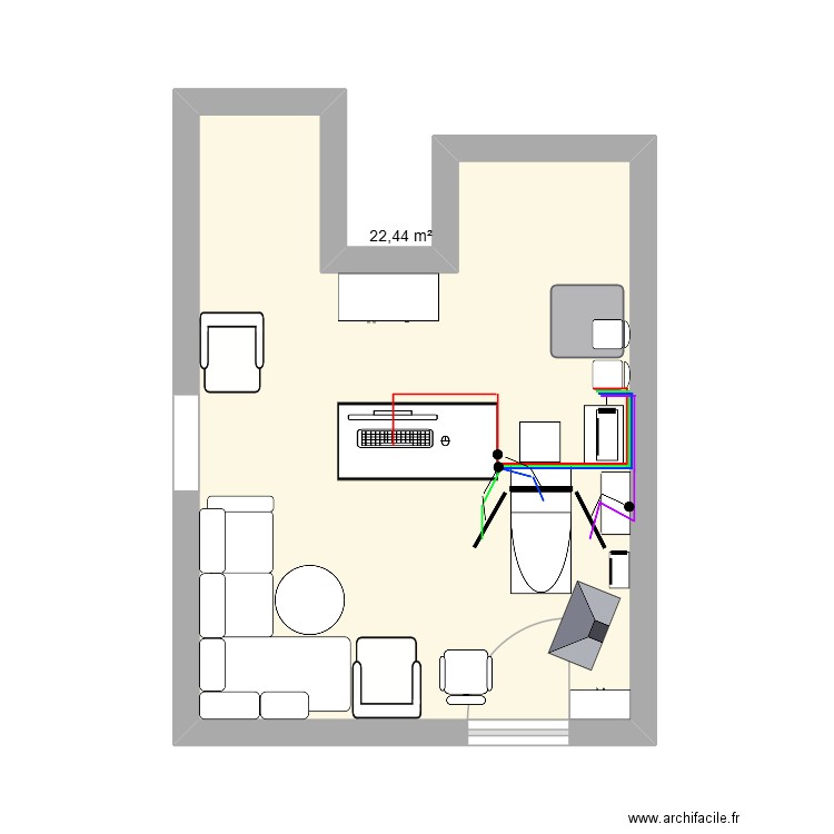 salon setup sim. Plan de 1 pièce et 22 m2