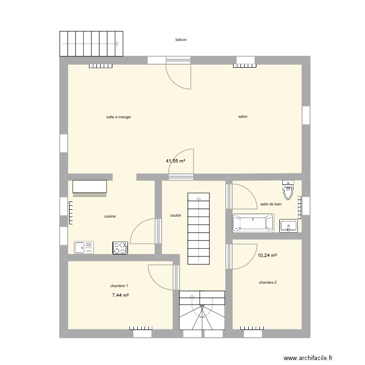 chodes. Plan de 3 pièces et 59 m2