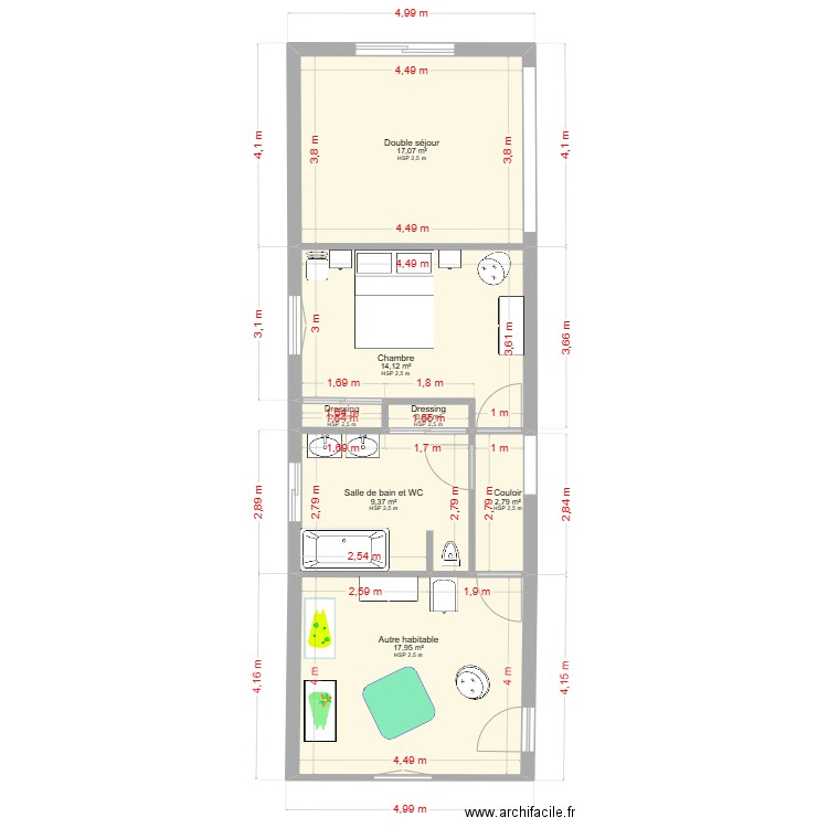 pour Marie. Plan de 7 pièces et 63 m2