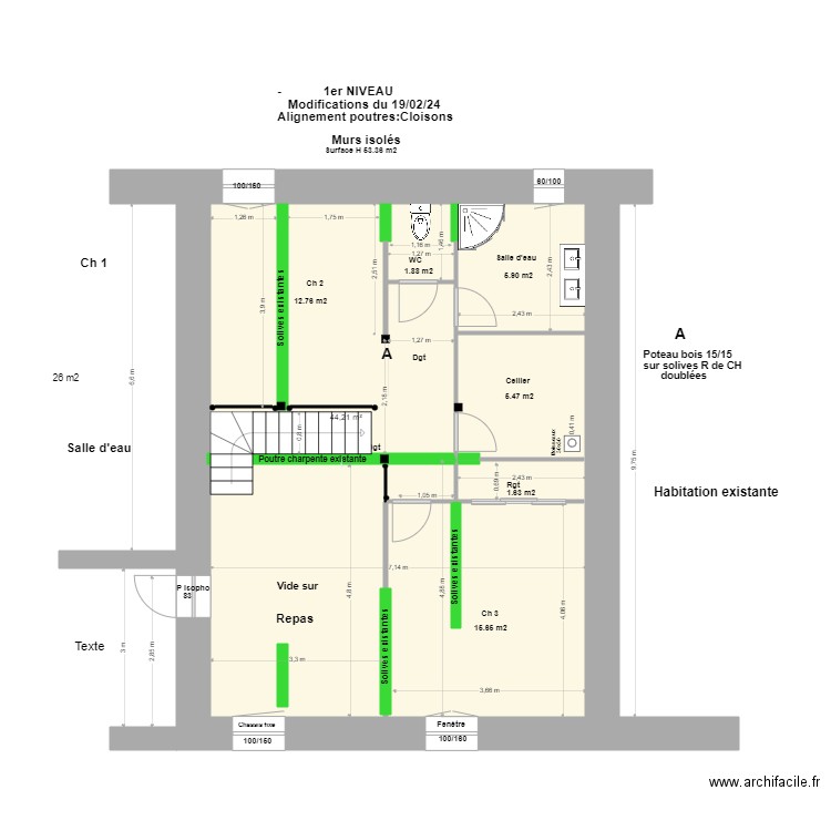 1 er Niveau modif du 4/3/24. Plan de 2 pièces et 66 m2