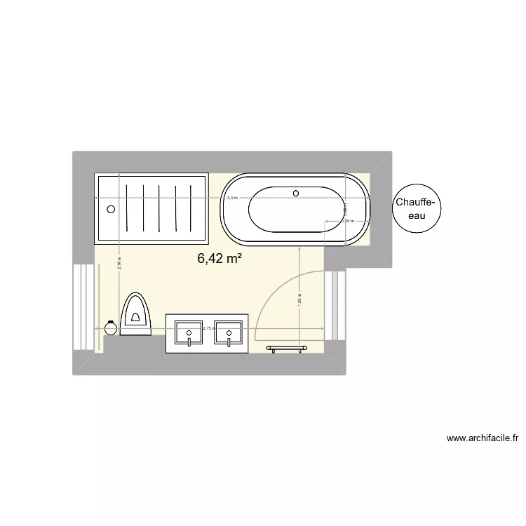Salle de bain avec baignoire + douche. Plan de 1 et 6 m² Salle de bain avec baignoire + douche. Plan de 1 et 6 m²