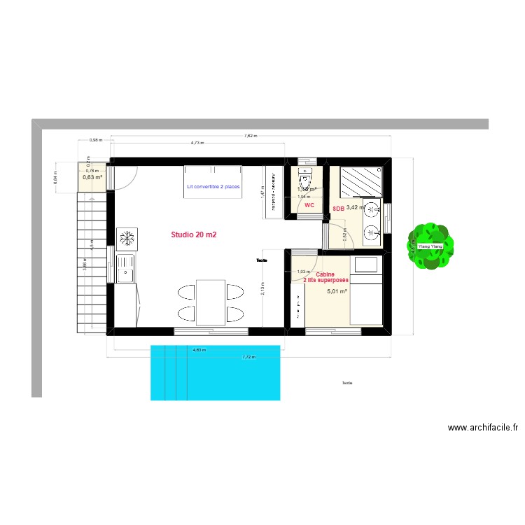 Etage kiosque studio. Plan de 4 pièces et 10 m2