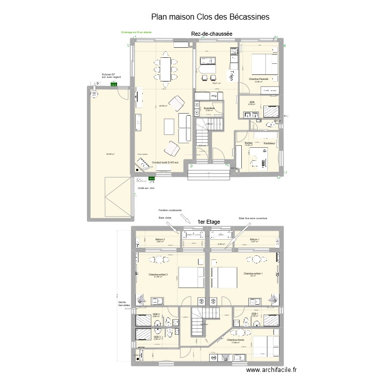 MAISON RDC CLOS DES BECASSINES GGE GCHE CUIS CENTRALE. Plan de 24 pièces et 235 m2