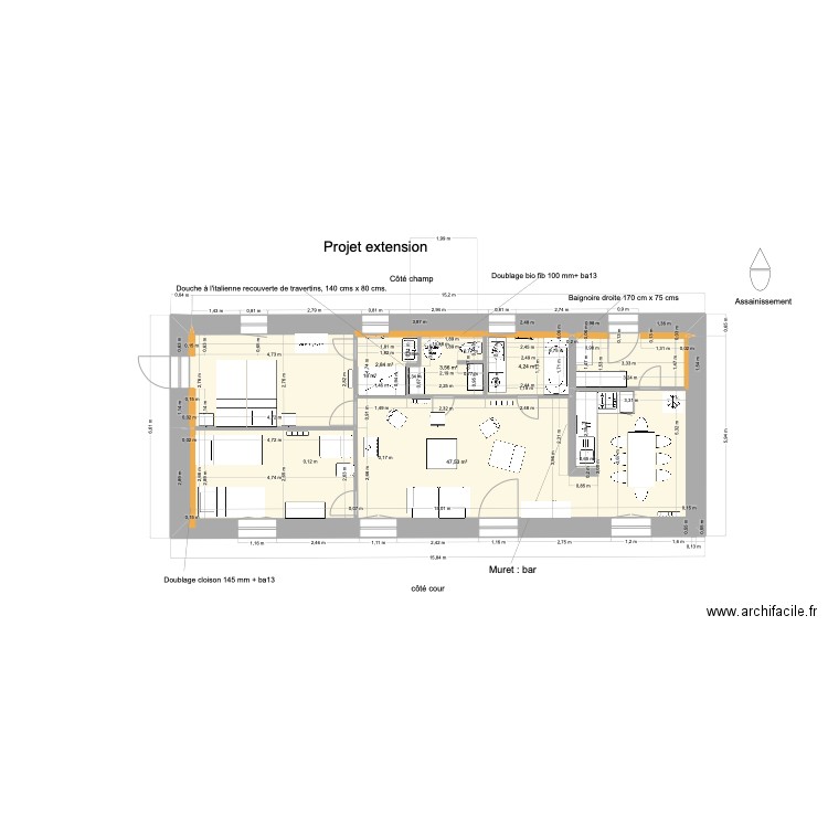 extension. Etat vierge. Bis. Plan de 5 pièces et 76 m2