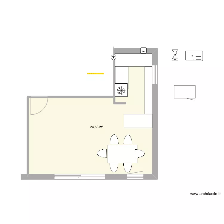 Noy&eacute; cuisine &eacute;xistant. Plan de 1  et 25 m²