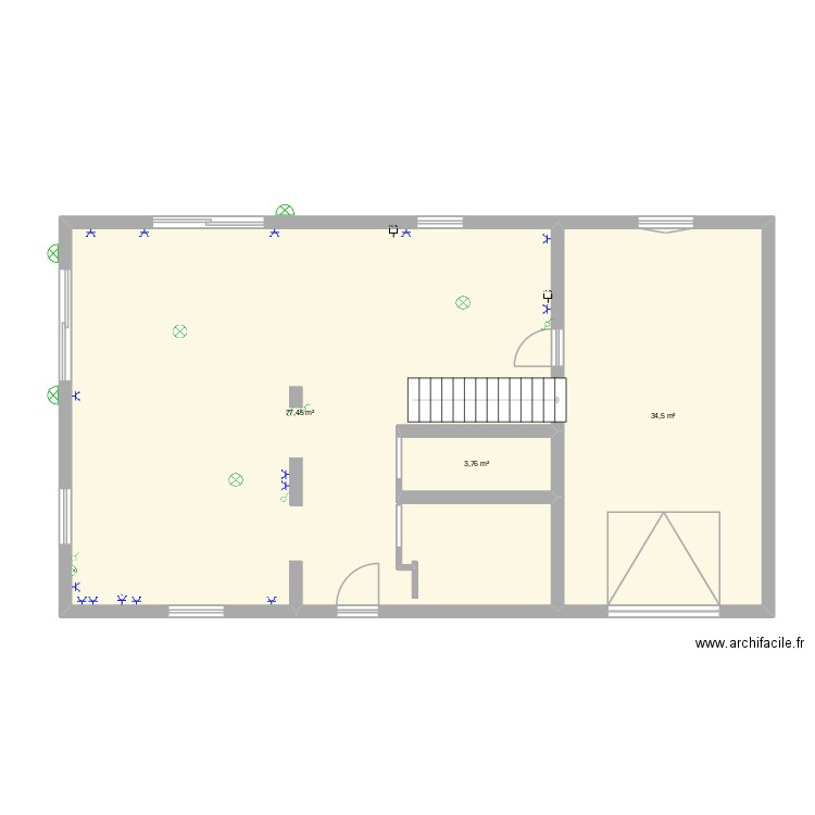 rdc. Plan de 3 pièces et 116 m2
